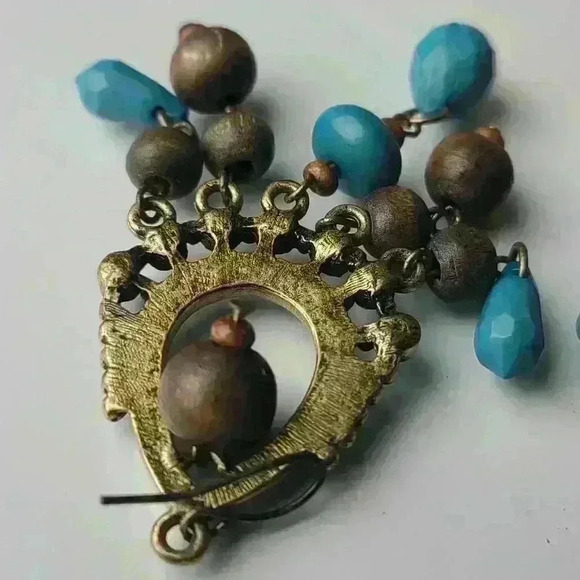 Vintage beads drop earrings  chandelier style blue/ brown beads  brass tone - Picture 10 of 12